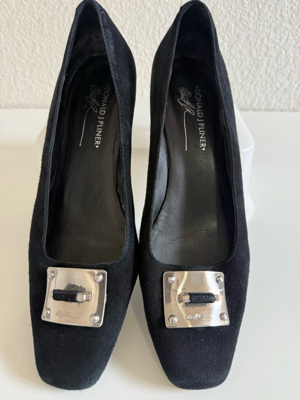 Donald J. Pliner Black Suede Heels with Silver Buckle